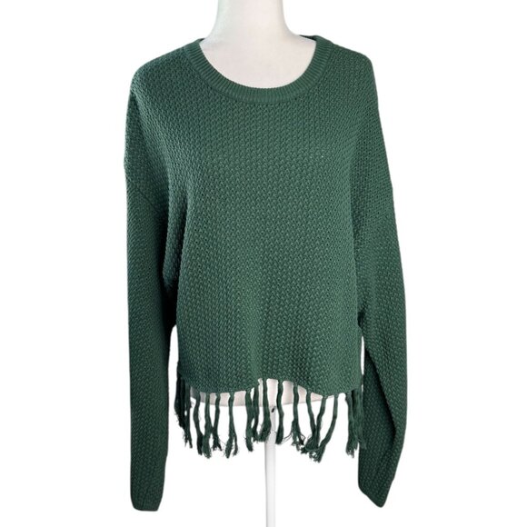 Anthropologie Le Lis Forest Green Boho Textured Knit Sweater Fringe Hem Womens L - Picture 4 of 8